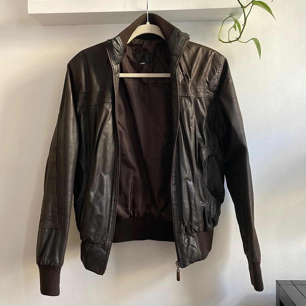 Brown leather bomber jacket
